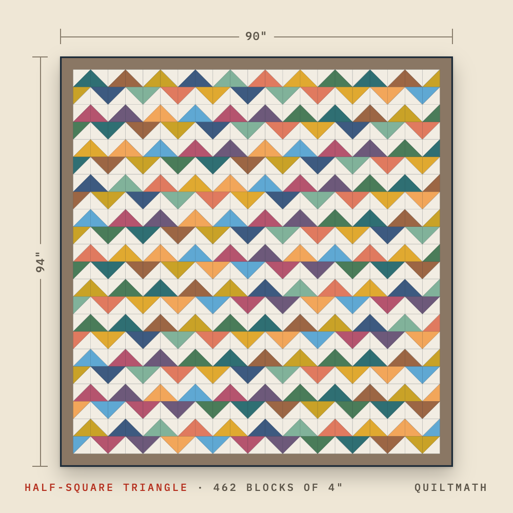 Half-square triangle quilt layout, queen size: 462 four-inch units in zigzag bands with a 3-inch border