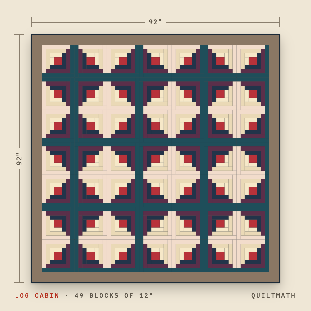 Log cabin quilt layout, queen size: 49 blocks of 12 inches in light-and-dark diamonds with a 4-inch border